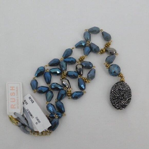 Rush by Denis and Charles Necklace Blue Faceted Teardrop Beads Sparkly Gold Tone - Picture 6 of 7